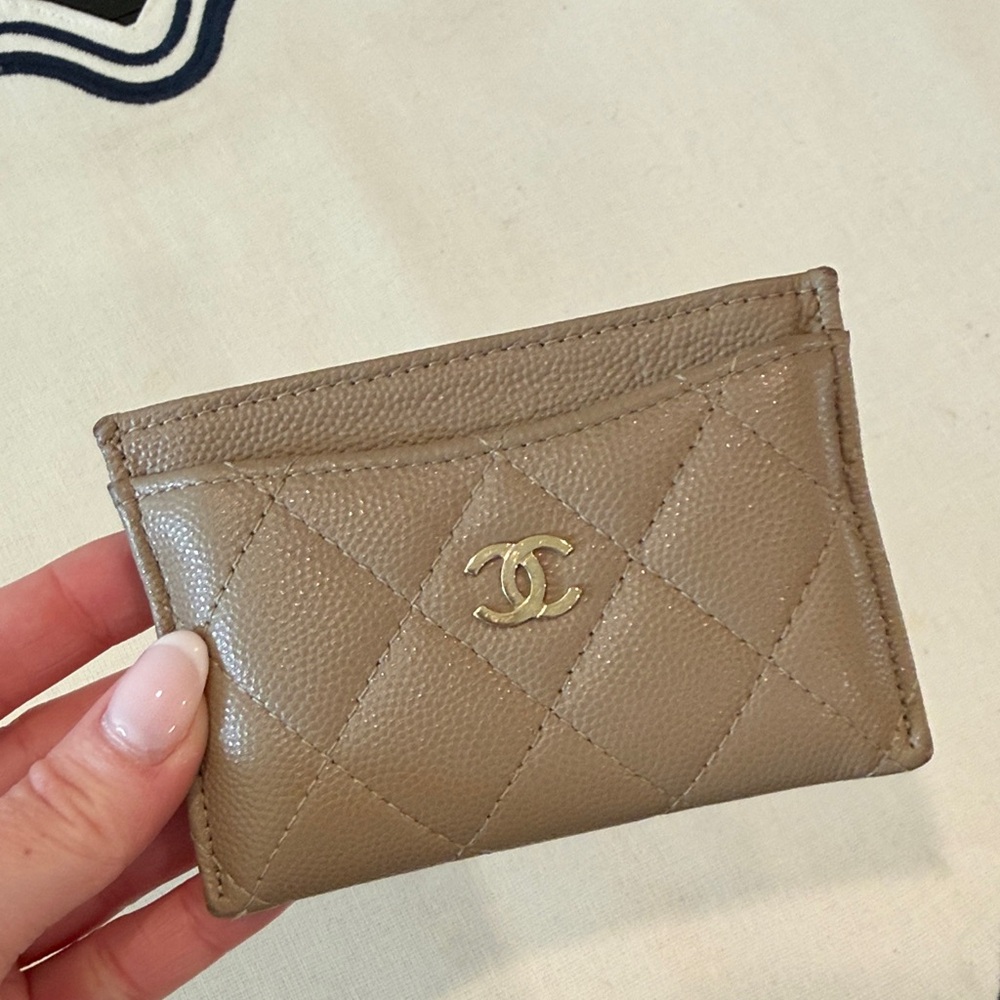 CHANEL Taupe Quilted Leather Card Case with Gold CC